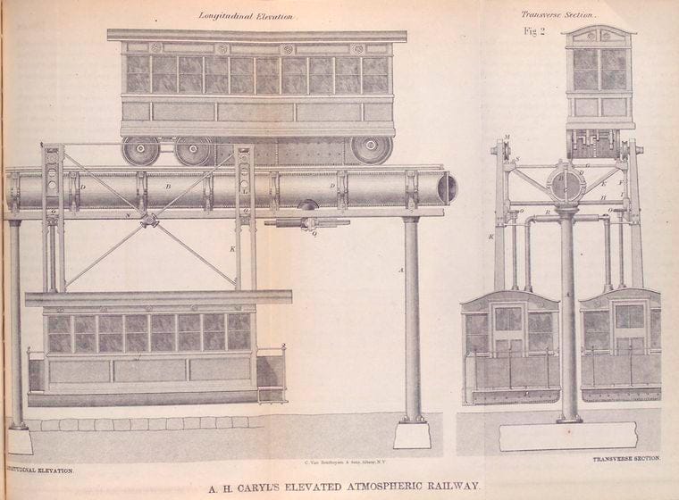 Art Print : 1867, A. H. Caryl's Elevated Atmospheric Railway. - Vintage Wall Art