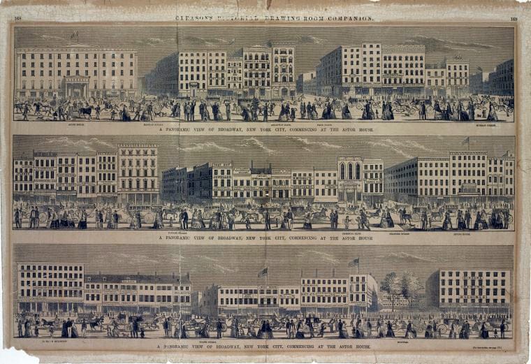 Art Print : 1854, A Panoramic View of Broadway, New York City, Commencing at The Astor House. - Vintage Wall Art