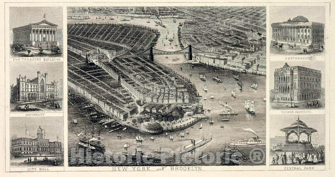 Art Print : New York and Brooklyn. A Bird's-Eye View from The South. - Vintage Wall Art