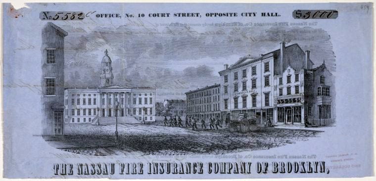 Art Print : Brooklyn City Hall and surroundings. Letterhead of The Nassau Fire Insurance Co. - Vintage Wall Art