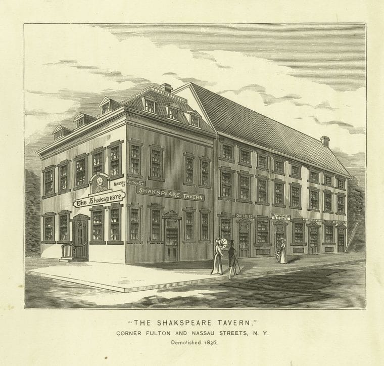 Art Print : 1828, The Shakespeare Tavern Corner Fulton and Nassau Streets, N.Y. - Vintage Wall Art