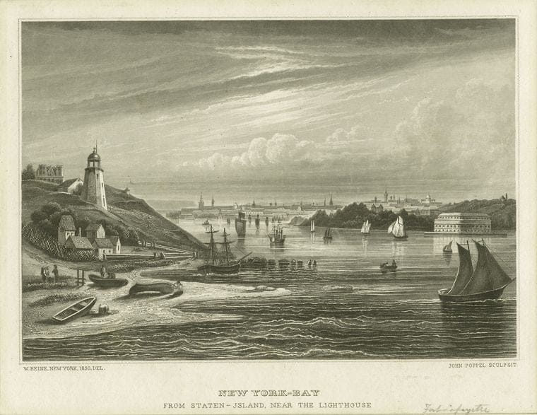 Art Print : 1828, New York Bay from Staten Island Near The Lighthouse - Vintage Wall Art