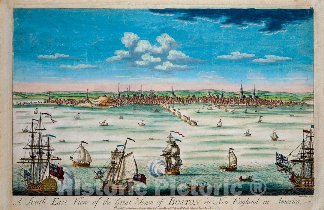 Art Print : A South East View of The Great Town of Boston in New England in America. - Vintage Wall Art