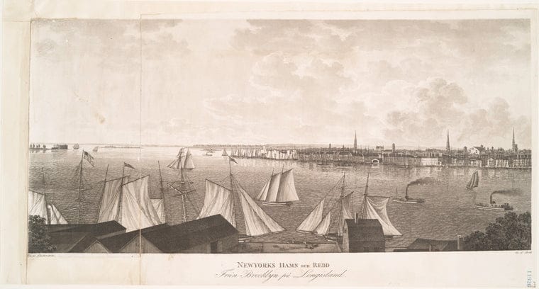 Art Print : 1824, Newyorks hamn Och redd frAn Brooklyn pA Longisland. - Vintage Wall Art