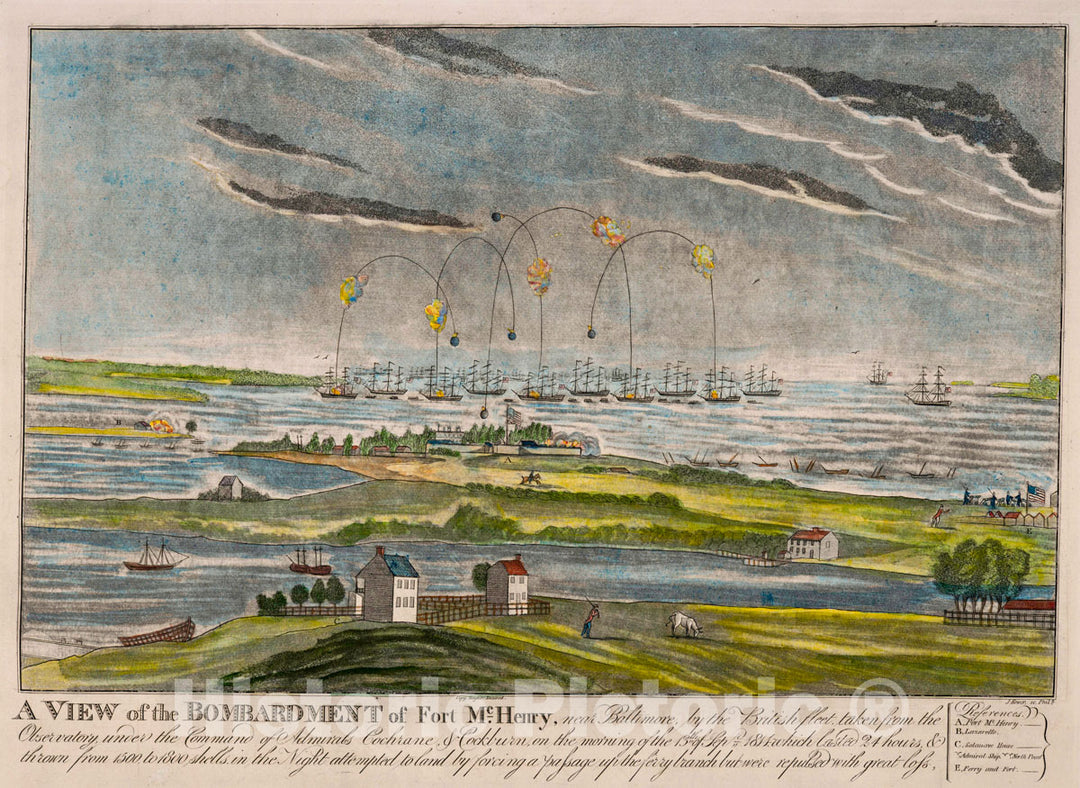 Art Print : A View of The Bombardment of Fort McHenry, Near Baltimore, by The British Fleet. - Vintage Wall Art