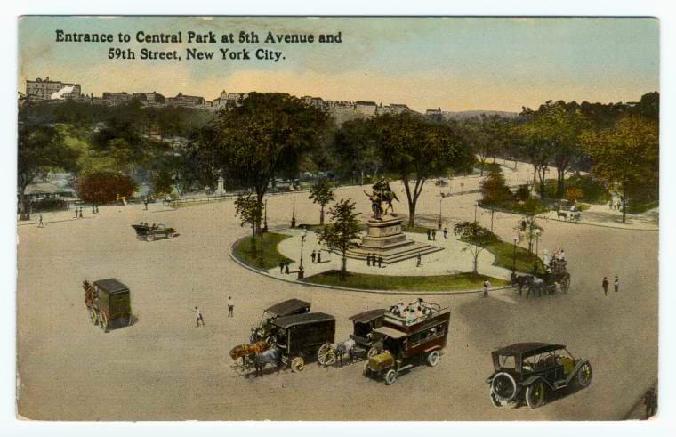 Art Print : Entrance to Central Park at 5th Avenue and 59th Street, New York City, 1918 - Vintage Wall Art