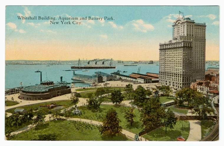 Art Print : Whitehall Building, Aquarium and Battery Park, New York City, 1917 - Vintage Wall Art