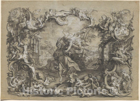 Art Print : Johann Wolfgang Baumgartner, The Angel Carrying Off Habakkuk by His Hair, Surrounded by an Elaborate Rococo Frame, c. 1750 - Vintage Wall Art