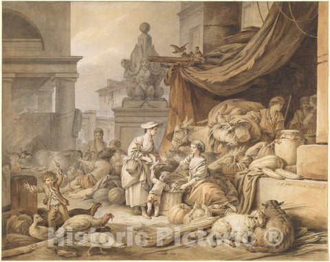 Art Print : Baptiste HÃ¼et, Market Scene with a Fantastic Sculpture, c.1798 - Vintage Wall Art