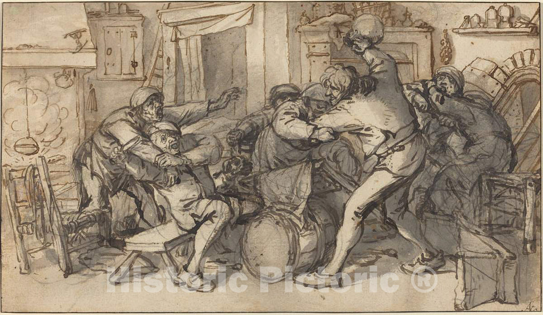 Art Print : Adriaen Van Ostade and Dusart, Peasants Fighting in a Tavern, c. 1640 (with additions After 1685 by Dusart) - Vintage Wall Art