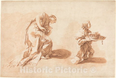Art Print : Kern After Battista Pittoni, A Kneeling Woman with an Incense Burner and a Page Holding a Crown and Scepter, c. 1726 - Vintage Wall Art