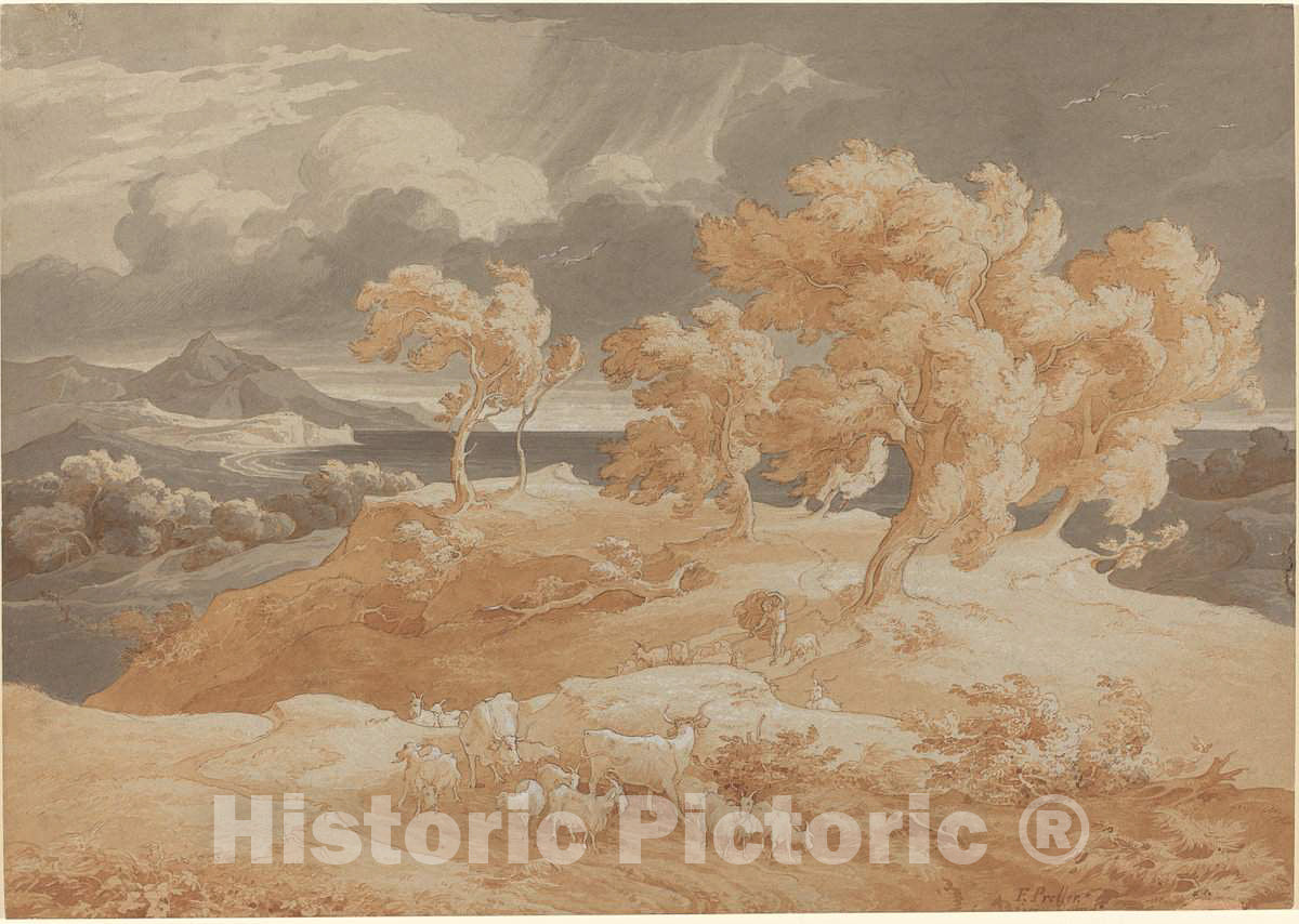 Art Print : Friedrich Preller The Elder, Italian Coastal Landscape with a Thunderstorm, c.1830 - Vintage Wall Art