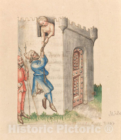 Art Print : Woman Suspending Man from Tower, c.1425 - Vintage Wall Art