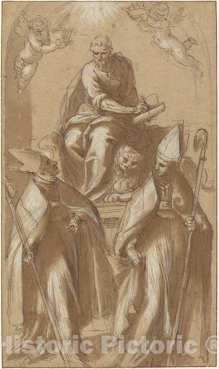 Art Print : Jacopo Palma il Giovane, Saint Mark with Two Bishops and Putti, c. 1580 - Vintage Wall Art