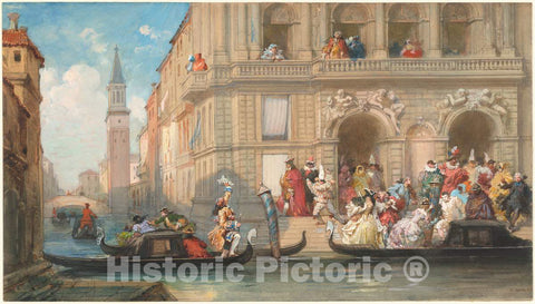 Art Print : EugÃ¨ne Louis Lami, Masqueraders Boarding Gondolas Before a Venetian Palazzo, 1869 - Vintage Wall Art
