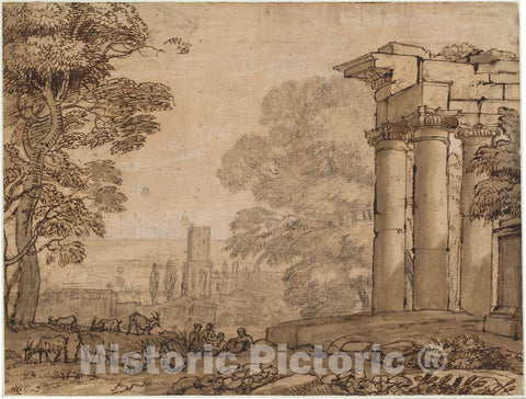 Art Print : Claude Lorrain, Landscape with Ruins, Pastoral Figures, and Trees, c. 1650 - Vintage Wall Art