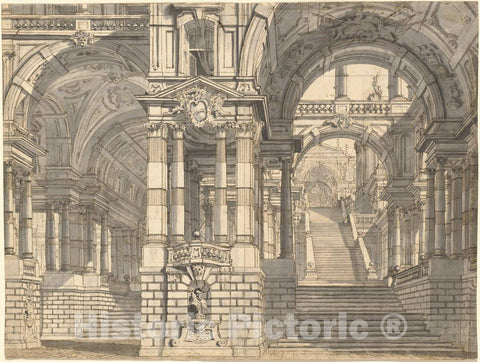 Art Print : Pietro Gonzaga, Fantasy of Magnificent Courtyards and Loggie with a Monumental Staircase, 1770s - Vintage Wall Art