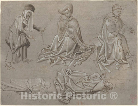 Art Print : Studies for Six Figures (Sheet from a Model Book) [Recto], c.1455 - Vintage Wall Art