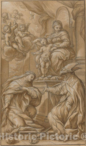 Art Print : Giuseppe Nicola Nasini, The Madonna and Child Enthroned, Adored by Two Saints, c. 1709 - Vintage Wall Art