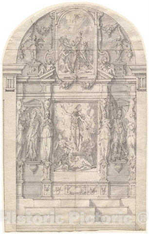 Art Print : Friedrich Sustris, an Elaborate Altar with The Resurrection of Christ and The Martyrdom of Saint Andrew, c.1575 - Vintage Wall Art