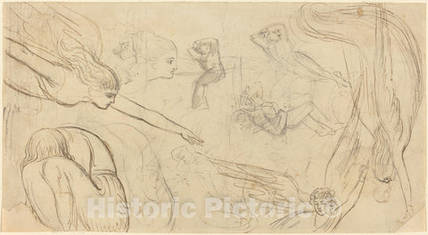 Art Print : Thomas Stothard, Sheet of Studies with Angels and Cowering Figures (Illustration for Macklin's Bible?), c. 1791 - Vintage Wall Art