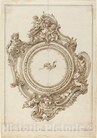 Art Print : Giovanni Bettati, A Rococo Clock with Sirens, Putti, Masks, and a Bird of Paradise Pointer - Vintage Wall Art