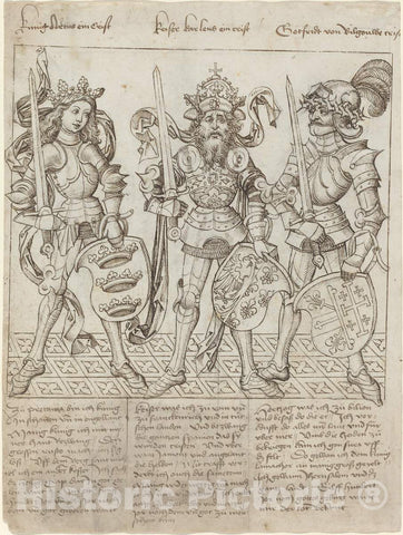 Art Print : King Arthur, Charlemagne and Godfrey of Boulogne, 1492 - Vintage Wall Art