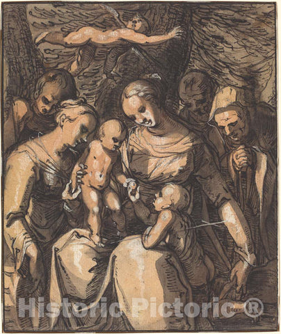 Art Print : Hermann Weyer, The Holy Family with Saints [Recto], c.1617 - Vintage Wall Art