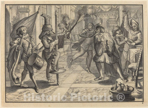 Art Print : Johann Jacob SchÃ¼bler, Mezzetin and Harlequin, Disguised as The Captain, Disrupt Pantaloon's Dinner, c. 1729 - Vintage Wall Art