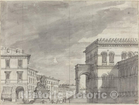 Art Print : Alessandro Sanquirico, Piazza with an Equestrian Monument and a Palace, c. 1810 - Vintage Wall Art