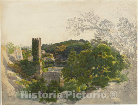Art Print : Friedrich SalathÃ©, Ruins of a Fortified Tower Among Wooded Hills, c.1819 - Vintage Wall Art