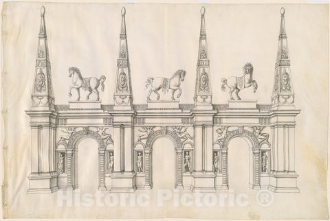 Art Print : Jacques Androuet Ducerceau I, A Triumphal Arch with Caparisoned Horses and Ornamented Pinnacles, c. 1570 - Vintage Wall Art