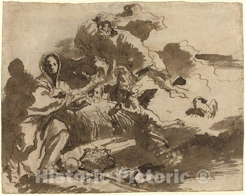 Art Print : Giovanni Domenico Tiepolo, God The Father and Angels Adoring The Madonna and Child [Recto], c. 1753 - Vintage Wall Art