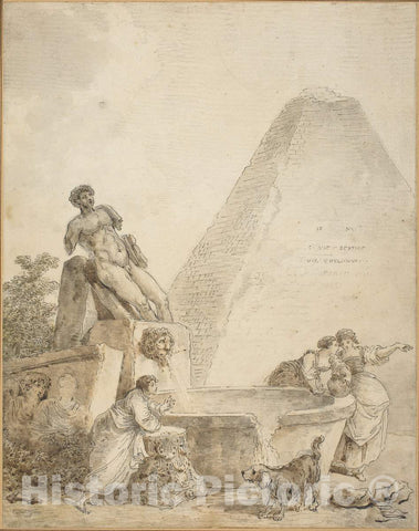 Art Print : Hubert Robert, A Roman Capriccio with The Pyramid of Gaius Cestius - Vintage Wall Art