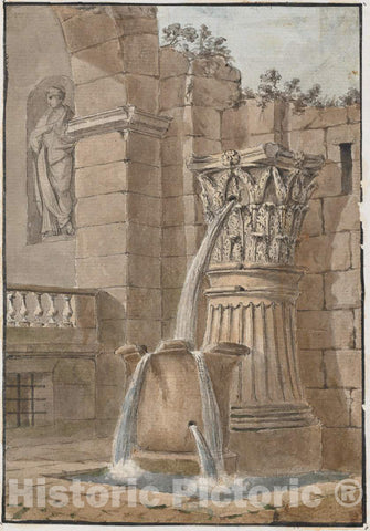 Art Print : Charles Louis ClÃ©risseau, Fountain in a Courtyard, in or Before 1768 - Vintage Wall Art