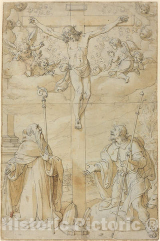 Art Print : Filippo Bellini, The Crucifixion with Saints Roch and Augustine - Vintage Wall Art