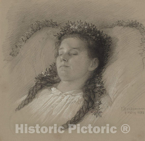 Art Print : Eduard Julius Friedrich Bendemann, A Girl on Her Deathbed with a Crown of Flowers, 1882 - Vintage Wall Art