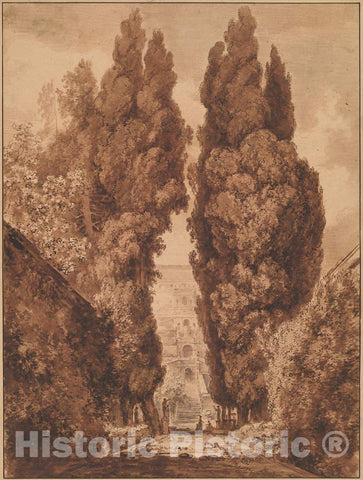 Art Print : HonorÃ© Fragonard, The Avenue of Cypresses at Villa d'Este, 1760 and c. 1765 - Vintage Wall Art