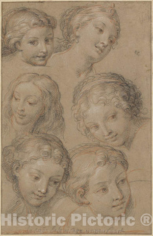 Art Print : Michel Corneille, Studies of Women's Heads, 1680s or 1690s - Vintage Wall Art
