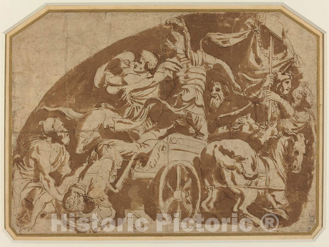 Art Print : Giulio Romano, Flight of Meriones, with Dead Coeranos Being Dragged from The Chariot - Vintage Wall Art