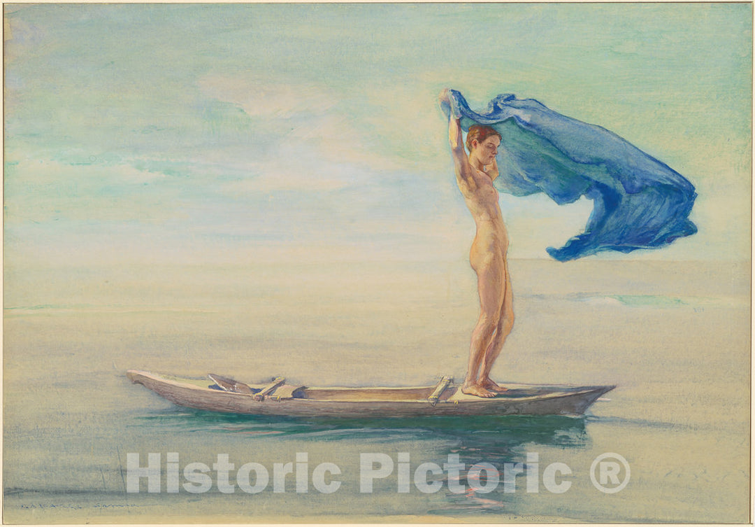 Art Print : John La Farge, Girl in Bow of Canoe Spreading Out Her Loin-Cloth for a Sail, Samoa, 1895-1896 - Vintage Wall Art