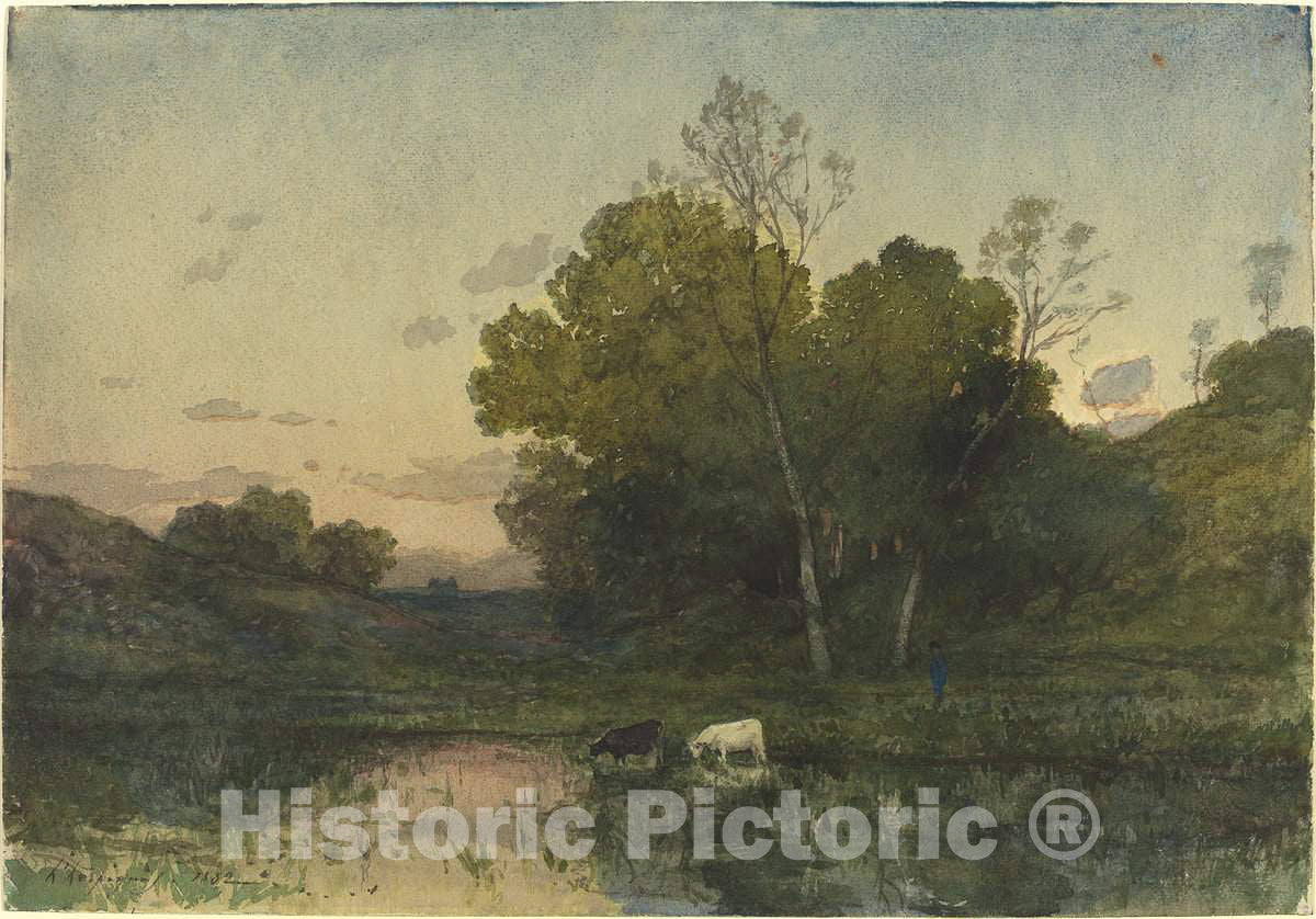 Art Print : Henri-Joseph Harpignies, Evening Light on a Wooded Lakeside with Cattle Drinking, 1882 - Vintage Wall Art