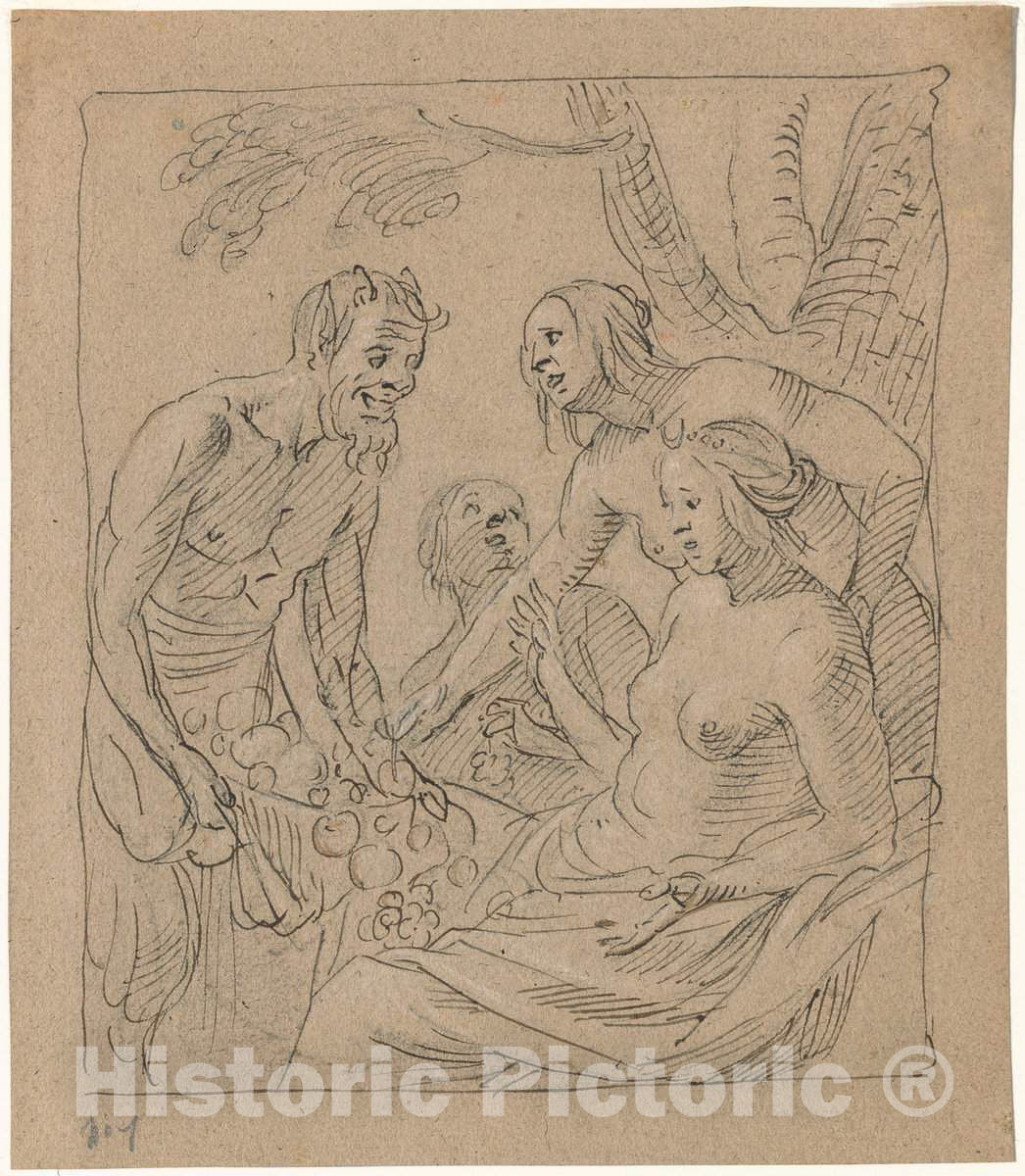 Art Print : Gerrit Van Honthorst, Diana and Two Nymphs Receiving Gifts from a Satyr (Recto), 1620s - Vintage Wall Art