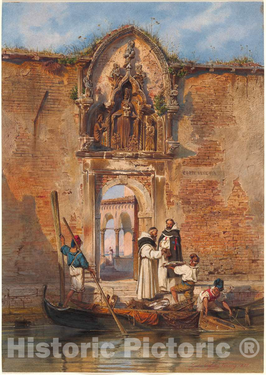 Art Print : Ludwig Johann Passini, Monks Buying Fish Before The Portal of The Madonna Della Misericordia, 1855 - Vintage Wall Art