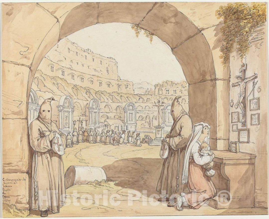 Art Print : Bartolomeo Pinelli, La Compagnia dei sacconi al Colosseo (Penitents Praying at Altars in The Colosseum), 1829 - Vintage Wall Art