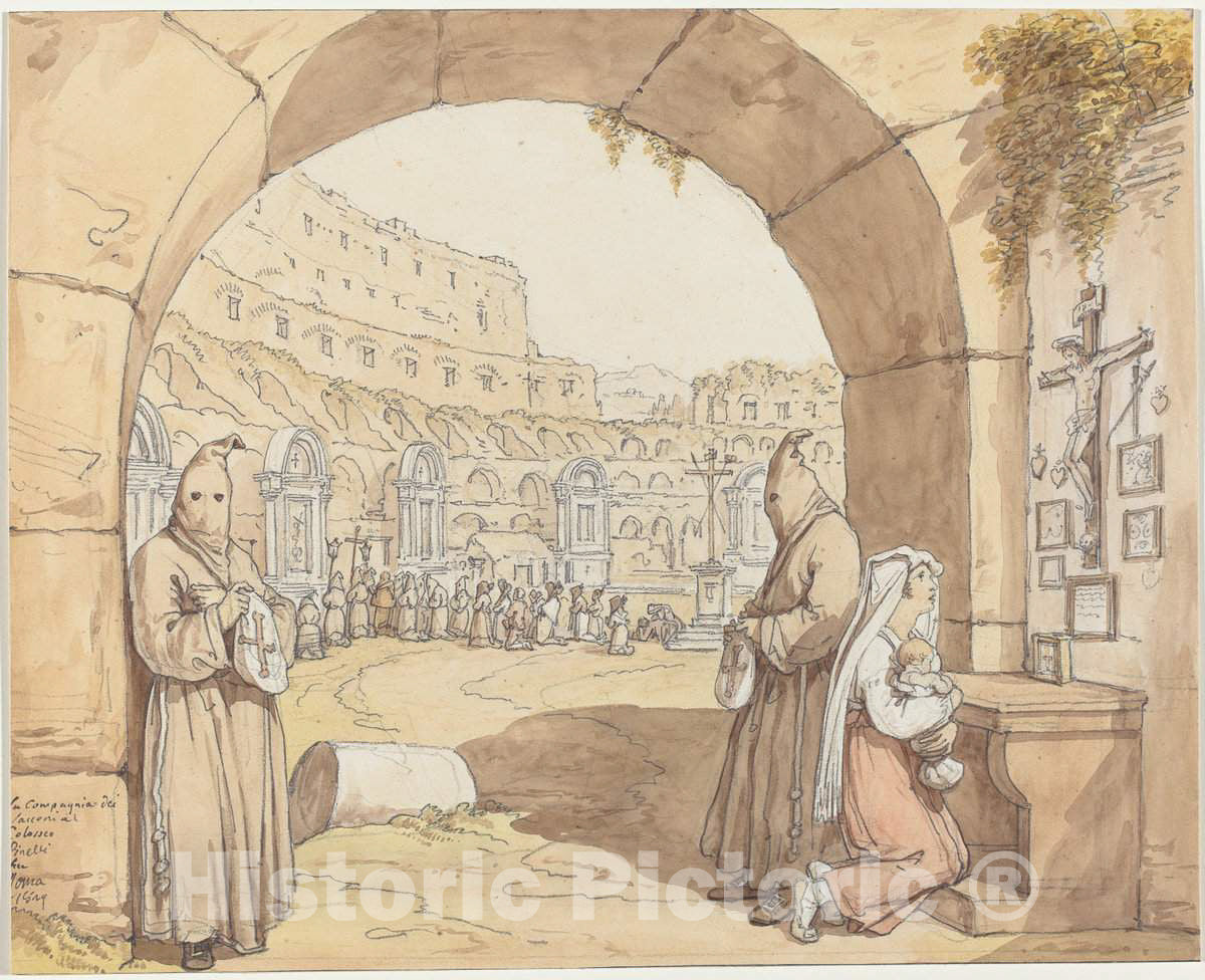 Art Print : Bartolomeo Pinelli, La Compagnia dei sacconi al Colosseo (Penitents Praying at Altars in The Colosseum), 1829 - Vintage Wall Art