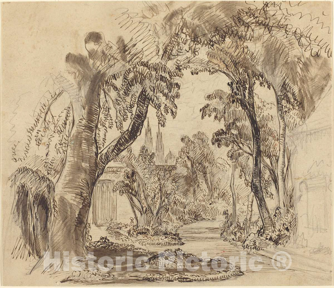 Art Print : Robert Caney, A Tree-Lined Garden Path (Preliminary Sketch for Sleeping Beauty and The Beast?), 1900? - Vintage Wall Art