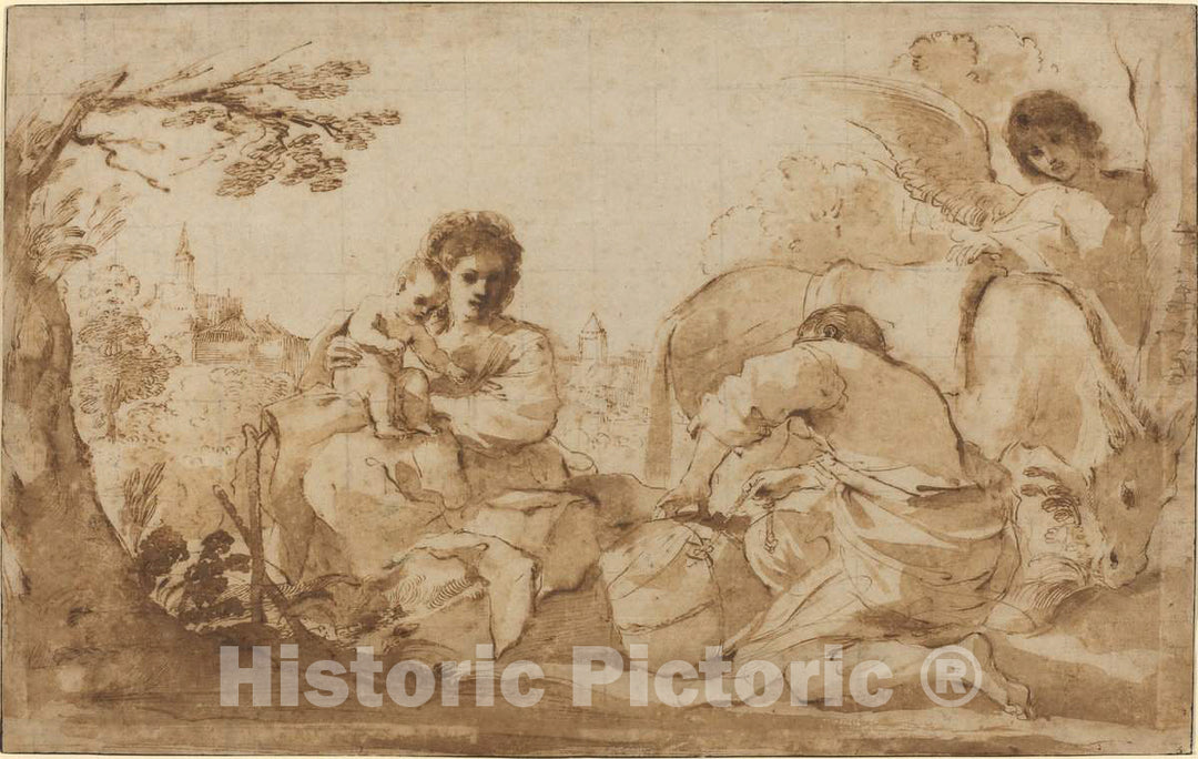 Art Print : Giovanni Francesco Barbieri, The Rest on The Flight into Egypt, c. 1626 - Vintage Wall Art