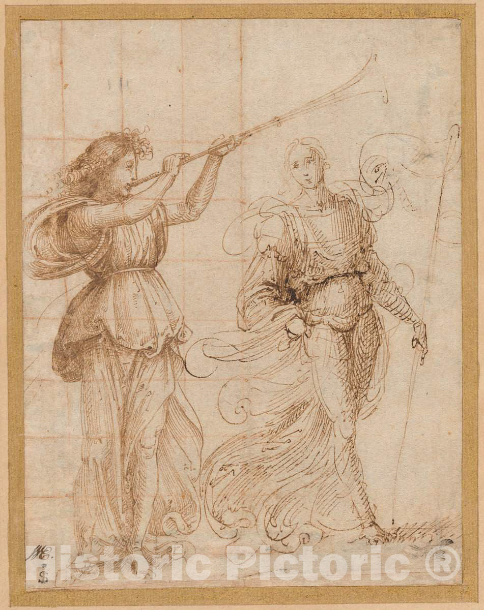 Art Print : Fra Bartolommeo, One Angel Blowing a Trumpet, and Another Holding a Standard, c. 1500 - Vintage Wall Art