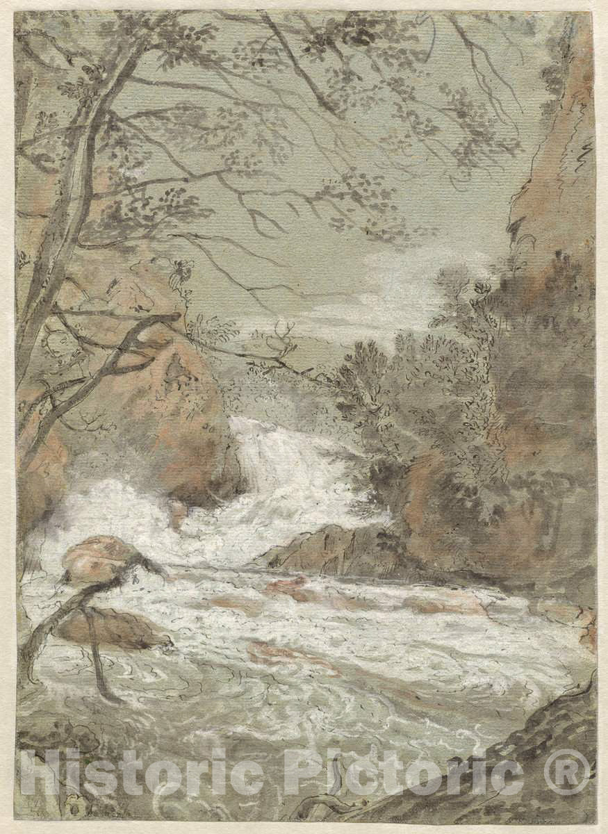 Art Print : Joachim Franz Beich, River Landscape with a Waterfall (Recto), c.1709 - Vintage Wall Art